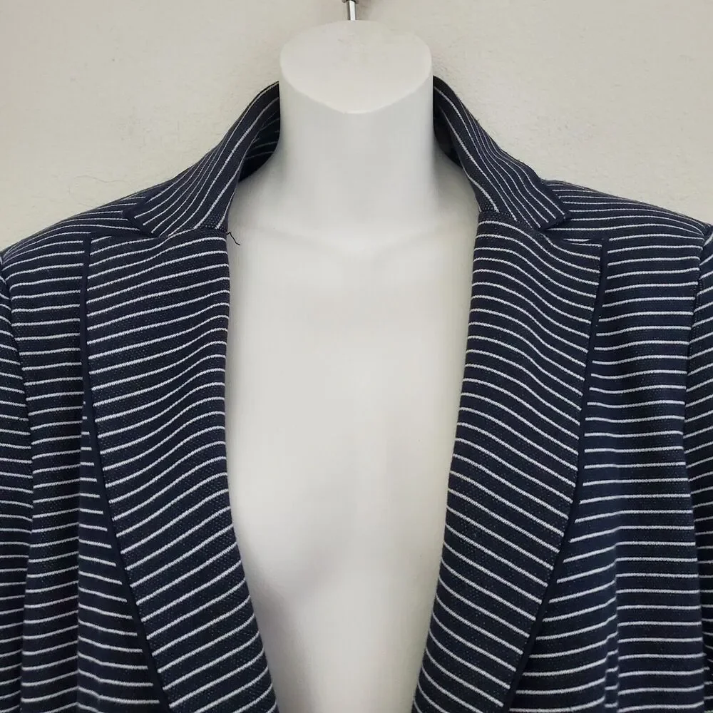 Tahari Women's Blazer 10 Blue Striped Pique Knit Pearls Nautical Business Office